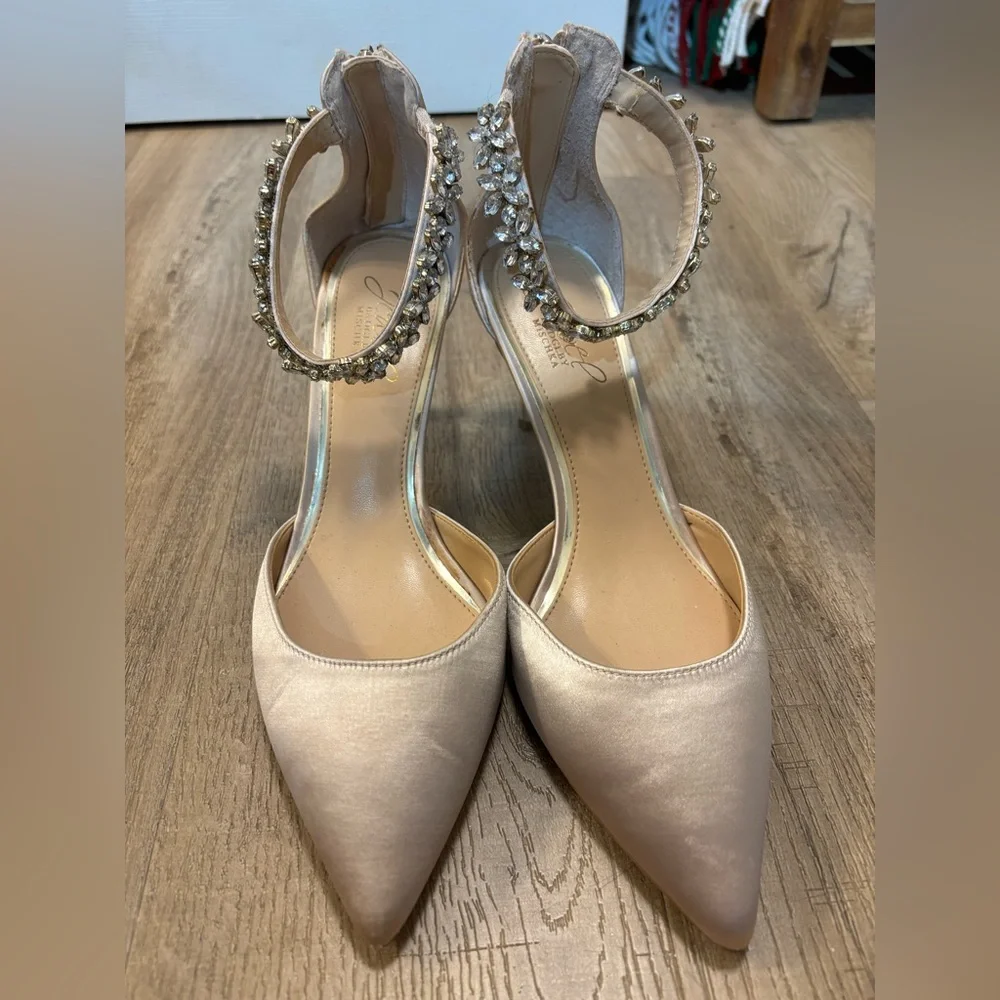 Jewel Badgley Mischka Satin Heels with Embellished Ankle Strap - Picture 1 of 6